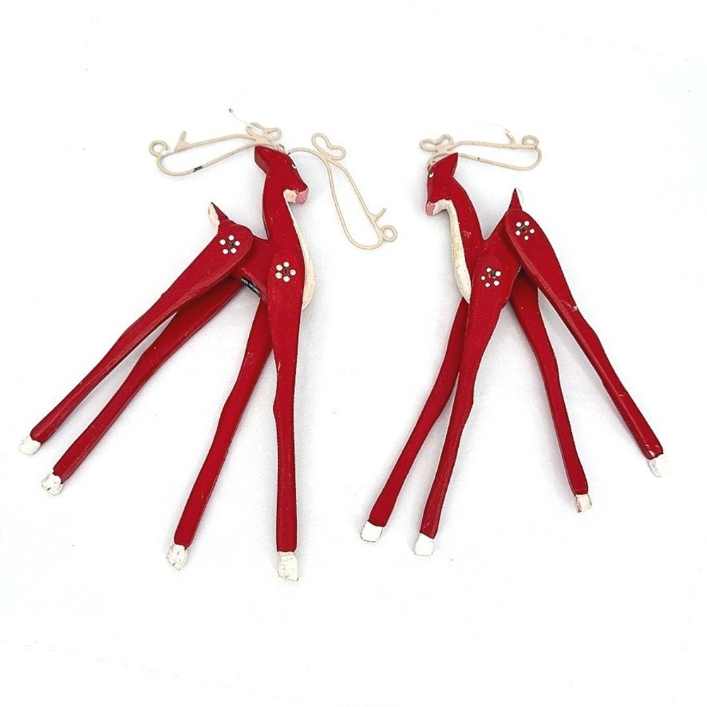 Articulated Tall Reindeer Ornament Red Wood Metal Antlers Long Legs Set of 2